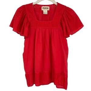 PEPIN Anthropologie Red Flutter Sleeve Tunic Top Blouse Size XS